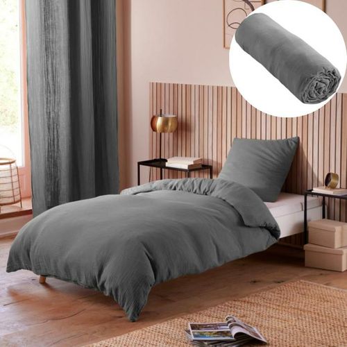 Pack Housse De Couette 140 X 200 Cm Gaze De Coton + Drap Housse 90x190  Ardoise