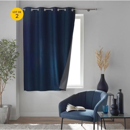 Lot De 2 Rideaux à Oeillets 140 X 180 Cm 100% Occultant Thermique - Modèle Crépuscule Bleu