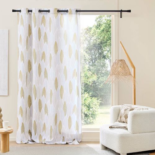 Rideau à Oeillets 140 X 260 Cm – Polyester Imprimé Motif Feuilles – Kim Blanc Or