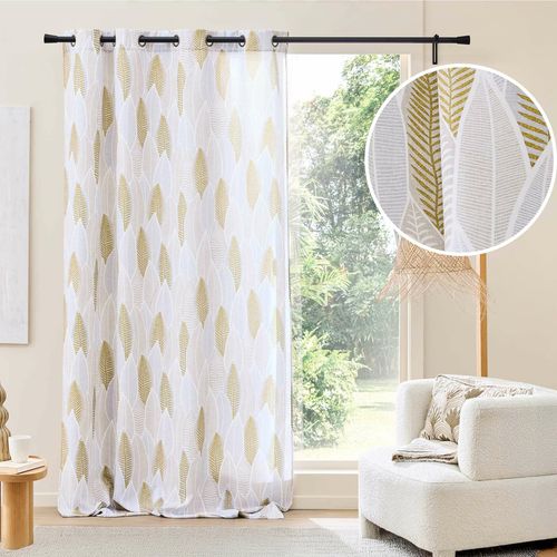 Rideau à Oeillets 140 X 260 Cm – Polyester Imprimé Motif Feuilles – Kim Blanc Or