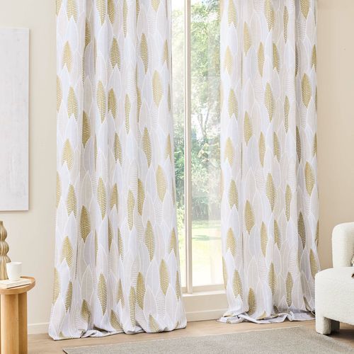 Rideau à Oeillets 140 X 260 Cm – Polyester Imprimé Motif Feuilles – Kim Blanc Or