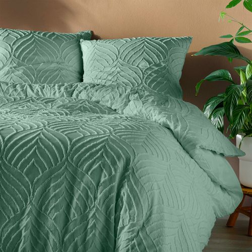 Parure De Lit Sauge 240 X 220 Cm – Microfibre Tuftée Motif Feuilles + 2 Taies