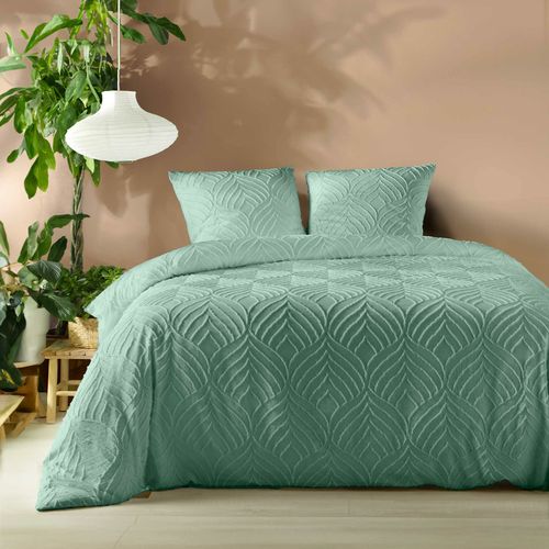 Parure De Lit Sauge 240 X 220 Cm – Microfibre Tuftée Motif Feuilles + 2 Taies
