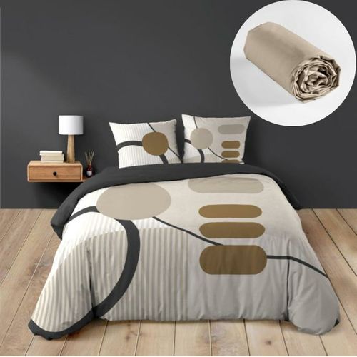 Pack Parure De Couette 240 X 220 Cm – Coton 42 Fils – Santana + Drap Housse 140x190 Cm Beige