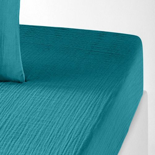 Drap Housse 160x200 Cm Gaze De Coton Bleu Enamel