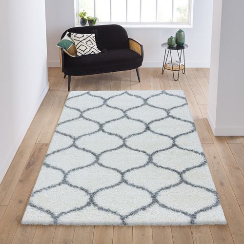 Salma - Tapis à Poils Longs Et Motifs Alhambra - Blanc Et Gris 200 X 290 Cm