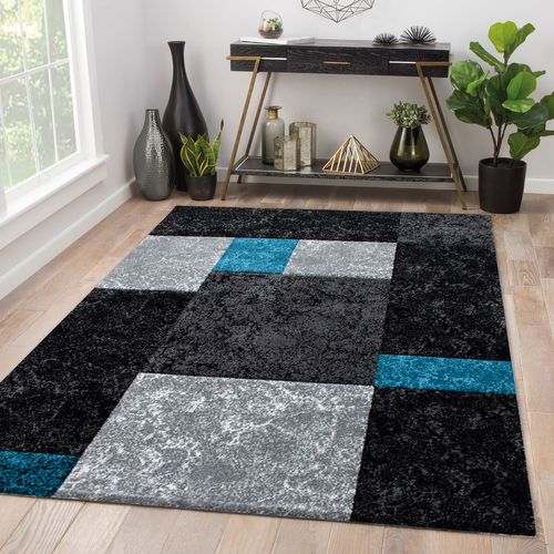 Carre - Tapis Géométrique à Carreaux - Noir Et Bleu 080 X 300 Cm