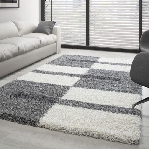 Roma - Tapis Shaggy à Motifs Traits - Gris Clair Et Ivoire 140 X 200 Cm