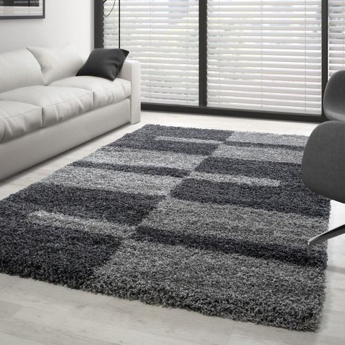 Roma - Tapis Shaggy à Motifs Traits - Gris Et Anthracite 140 X 200 Cm