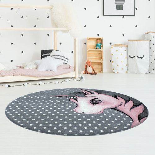 Licorne - Tapis Enfant Rond - Rose 160 X 160 Cm