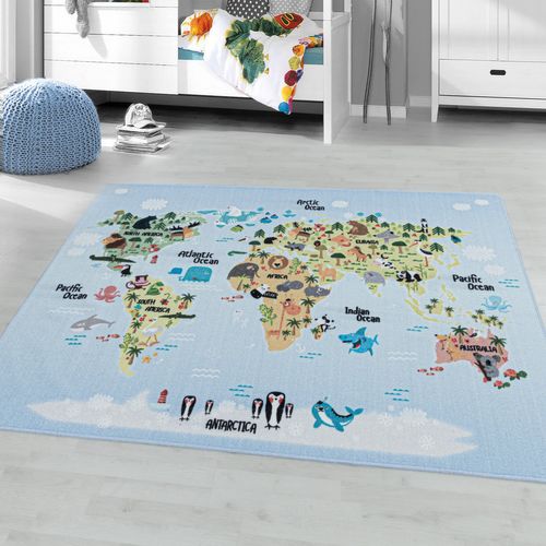 Carte Du Monde - Tapis Enfant Lavable Bleu 160 X 230 Cm