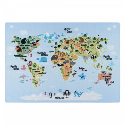 Carte Du Monde - Tapis Enfant Lavable Bleu 100 X 150 Cm