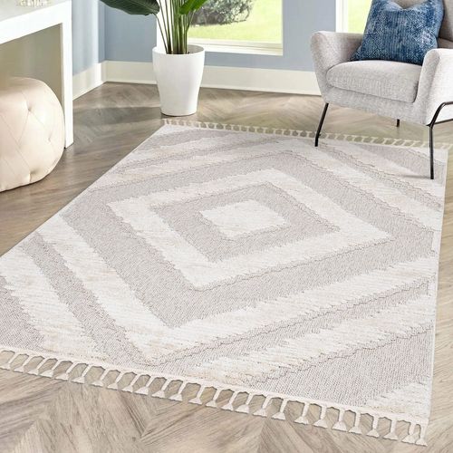 Tapis Boho Chic à Franges Tressées Crème,grisbleu 140x200cm