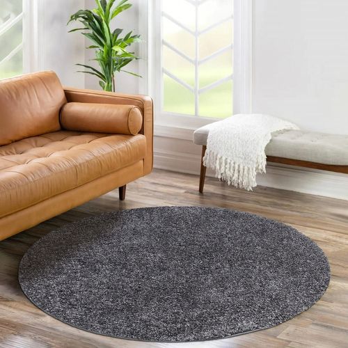 Tapis à Poils Longs Rond Softy Gris Foncé 200x200cm
