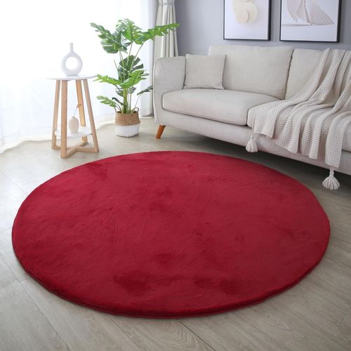 Tapis Rond Fausse Fourrure Toucher Doux Rouge 200x200cm