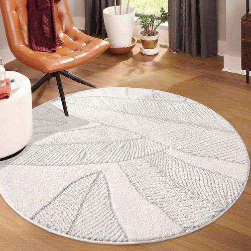 Tapis Leaf Rond à Motifs Feuillage En Relief - Gris 120x120cm