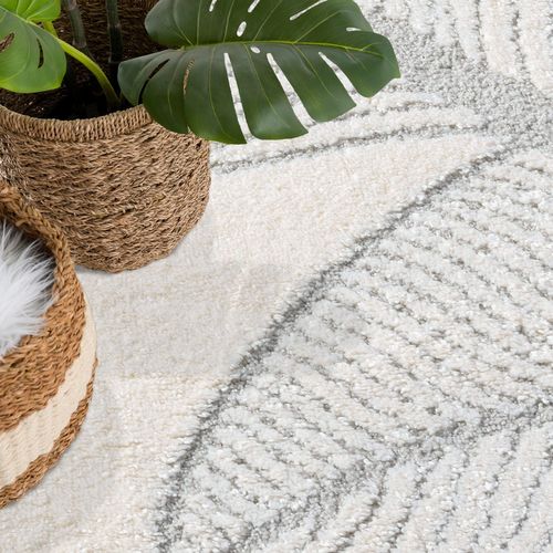 Tapis Leaf Rond à Motifs Feuillage En Relief - Gris 120x120cm