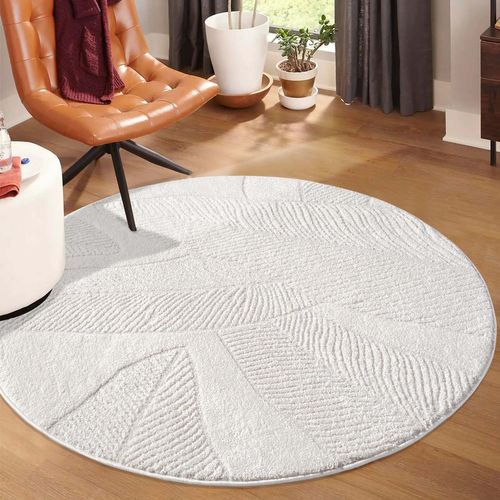 Tapis Leaf Rond à Motifs Feuillage En Relief - Crème 160x160cm