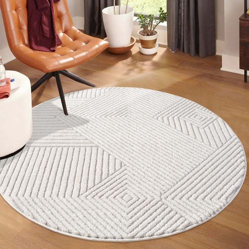 Tapis Emy Rond à Motifs Géométrique En Relief - Gris 120x120cm