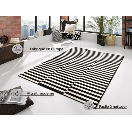 Tapis 80x200cm Tissé Plat Rayé Noir Et Blanc Malmö