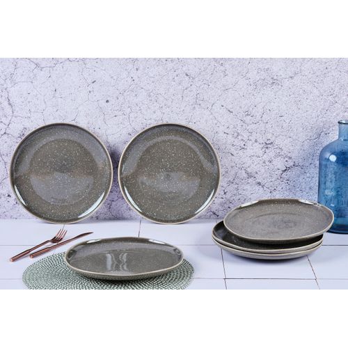Lot De 6 Assiettes Plates En Grès Gris D27