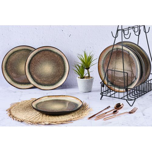 Lot De 6 Assiettes Plates En Grès Marron D26
