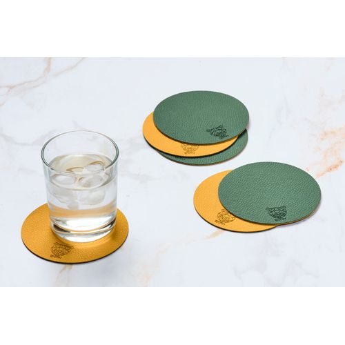 Sous-verre Rond Réversible - 6 Pièces - Cuir Recyclé Jaune Moutarde Et Vert Sapin