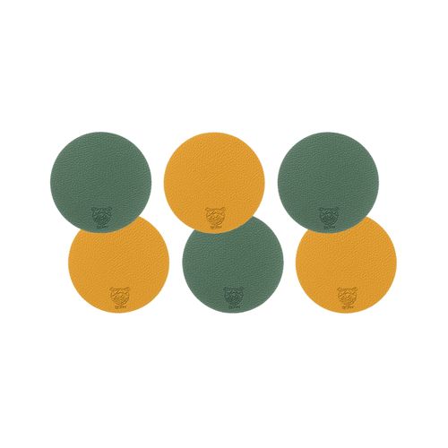 Sous-verre Rond Réversible - 6 Pièces - Cuir Recyclé Jaune Moutarde Et Vert Sapin