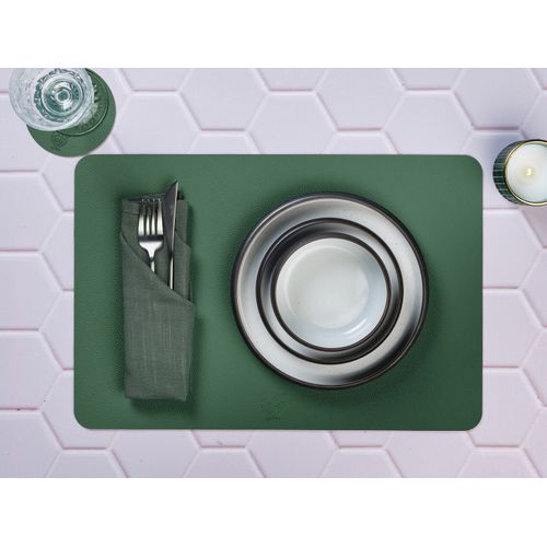 Sous-verre Rond Réversible - 6 Pièces - Cuir Recyclé Jaune Moutarde Et Vert Sapin