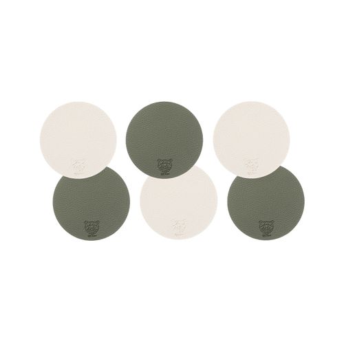 Sous-verre Rond Réversible - 6 Pièces - Cuir Recyclé Blanc Crème Et Vert De Gris