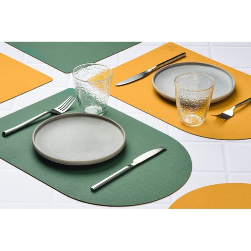 Set De Table Rectangovale Réversible - 6 Pièces - Cuir Recyclé Jaune Moutarde Et Vert Sapin