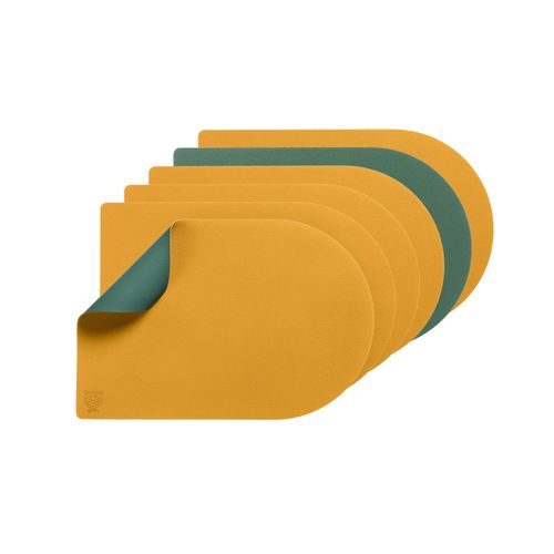 Set De Table Rectangovale Réversible - 6 Pièces - Cuir Recyclé Jaune Moutarde Et Vert Sapin