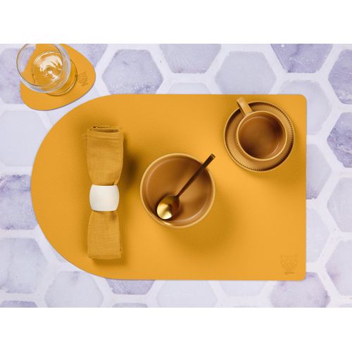 Set De Table Rectangovale Réversible - 6 Pièces - Cuir Recyclé Jaune Moutarde Et Vert Sapin