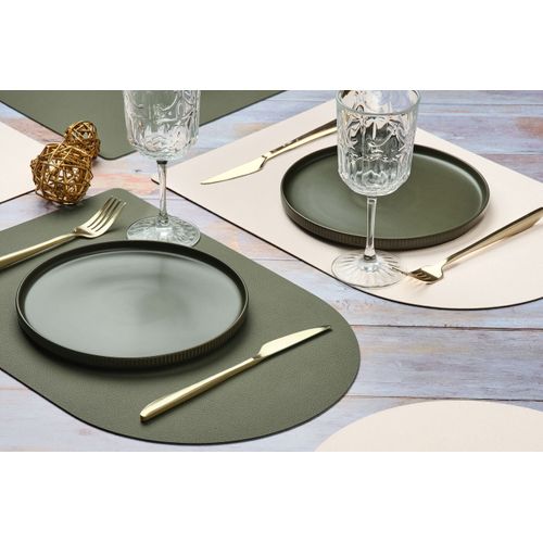 Set De Table Rectangovale Réversible - 6 Pièces - Cuir Recyclé Blanc Crème Et Vert De Gris