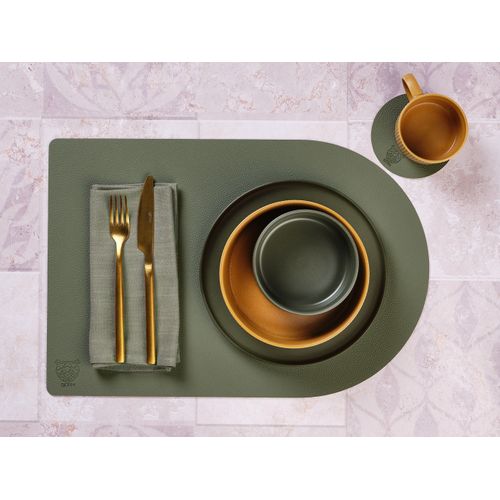 Set De Table Rectangovale Réversible - 6 Pièces - Cuir Recyclé Blanc Crème Et Vert De Gris