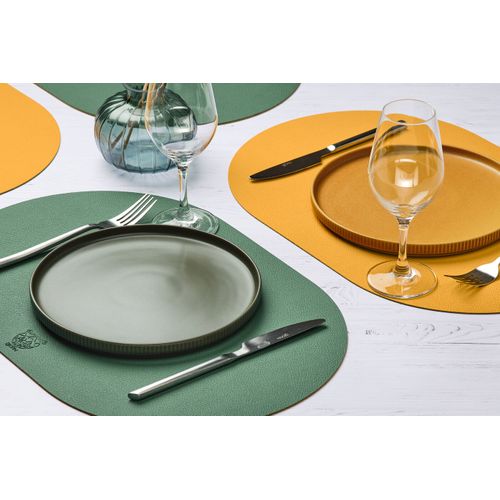 Set De Table Ovale Réversible - 6 Pièces - Cuir Recyclé Jaune Moutarde Et Vert Sapin