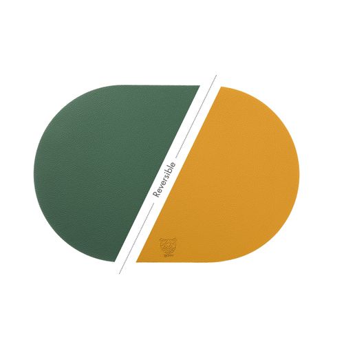 Set De Table Ovale Réversible - 6 Pièces - Cuir Recyclé Jaune Moutarde Et Vert Sapin