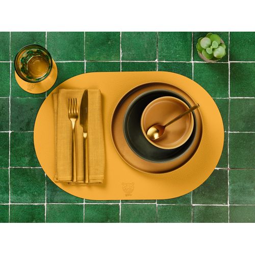 Set De Table Ovale Réversible - 6 Pièces - Cuir Recyclé Jaune Moutarde Et Vert Sapin