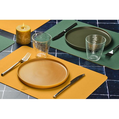 Set De Table Rectangulaire Réversible - 6 Pièces - Cuir Recyclé Jaune Moutarde Et Vert Sapin