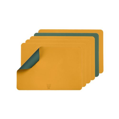 Set De Table Rectangulaire Réversible - 6 Pièces - Cuir Recyclé Jaune Moutarde Et Vert Sapin