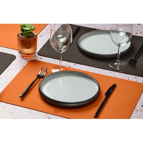 Set De Table Rectangulaire Réversible - 6 Pièces - Cuir Recyclé Orange Et Chocolat