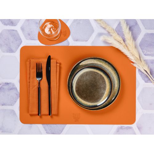 Set De Table Rectangulaire Réversible - 6 Pièces - Cuir Recyclé Orange Et Chocolat