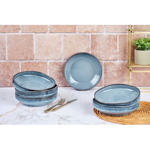 Lot De 6 Assiettes Creuses En Grès Bleu D21