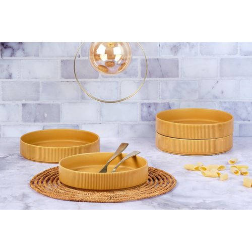 Lot De 4 Assiettes Creuses En Grès Jaune D21.5