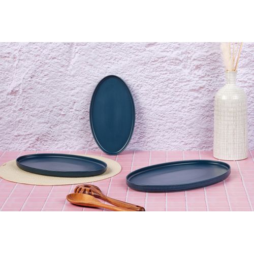 Lot De 3 Plateaux et Plats à Four En Grès Bleu D