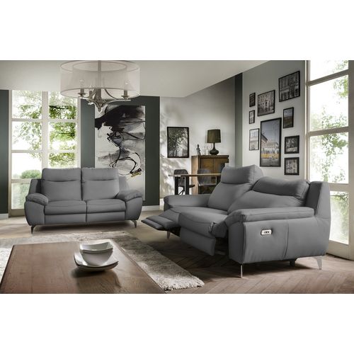 Canapé 2 Places Avec 2 Relax Électriques. En 100% Tout Cuir Épais De Luxe Italien , Perini, Gris
