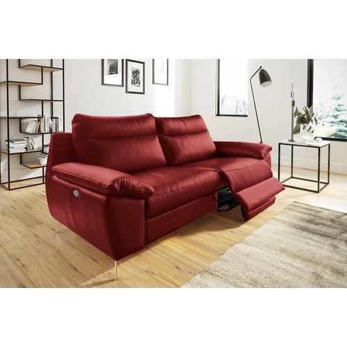 Canapé 2 Places Avec 2 Relax Électriques, 100% Tout Cuir Épais De Luxe Italien Perini, Rouge Foncé