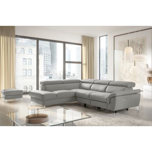 Canapé D'angle Relax 100% Tout Cuir, Relax Électrique, Coffre, Sorento, Gris Clair, Angle Gauche