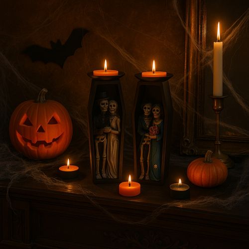 Grand Bougeoir Halloween 18cm En Forme De Cercueil Avec Squelettes Couleur Aléatoire Et 9 Bougies Ch