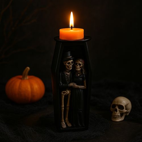 Grand Bougeoir Halloween 18cm En Forme De Cercueil Avec Squelettes Couleur Aléatoire Et 9 Bougies Ch